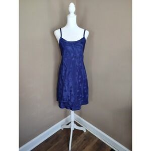 Valerie Stevens Blue Floral Damask Slip Dress Lace Trim Sleeveless Medium